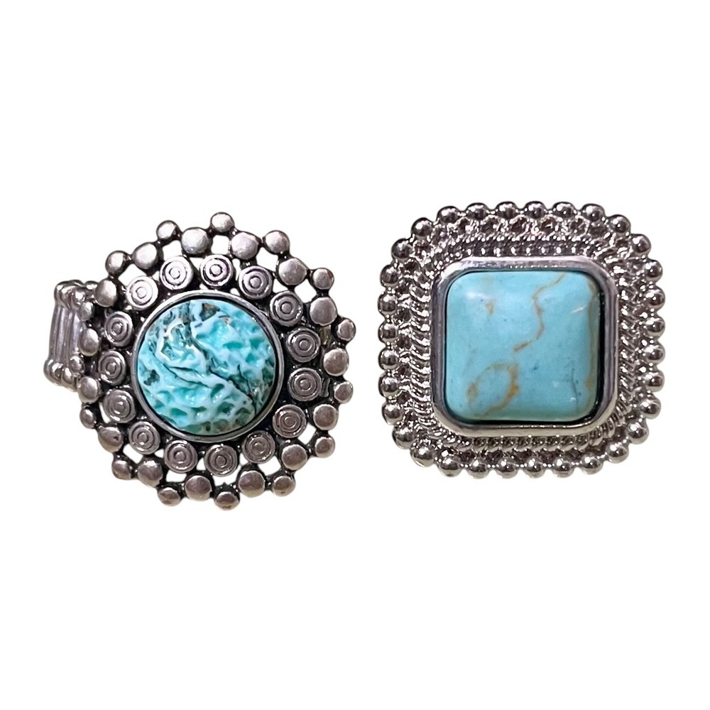 Faux Turquoise & Silver Tone Ring Set Size 9